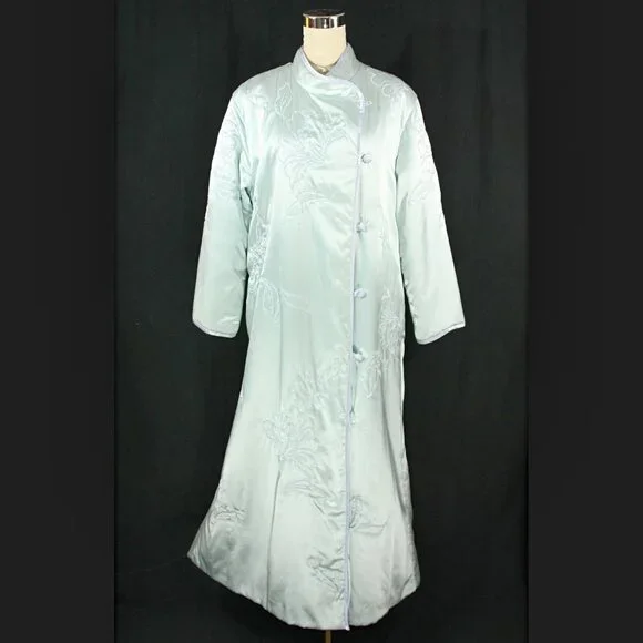 Vintage Natori Satin Floral Embroidered Full Length Winter Robe Lounge Blue M - Picture 1 of 14